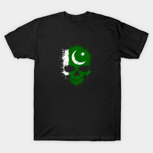 Chaotic Pakistani Flag Splatter Skull T-Shirt by jeffbartels